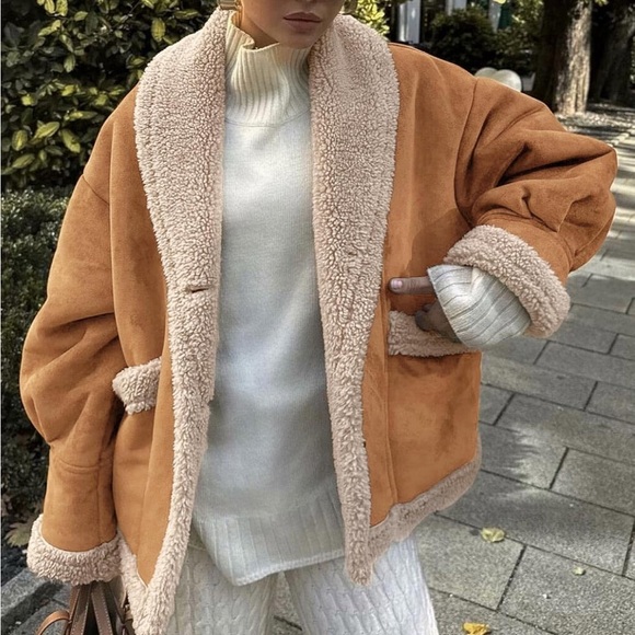 Cozy Tan Shearling Jacket thick faux suede winter warm coat - Picture 3 of 6